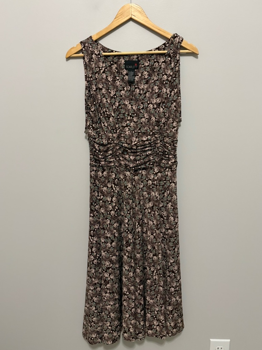 90’s Inspired Uptown Chic Floral Sleeveless Brown Ruched Waist Midi Dress